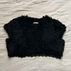 Axes Femme Black rabbit fur beaded crochet lace trim short sleeve bolero top